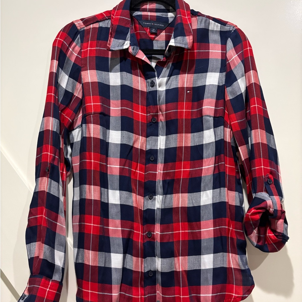 Tommy Hilfiger Red and Blue Casual Button Down Shirt